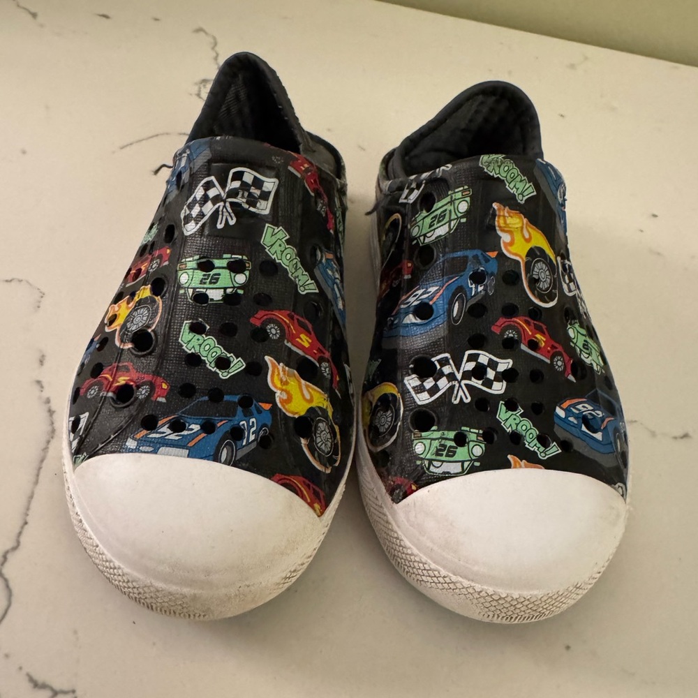 Kids Sketchers Foamies Race Car Slip-On Sneakers - Black with Multi Car Print